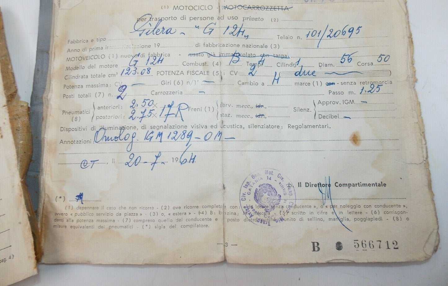 1964 GILERA G-124 OWNER CERTIFICATE BOOK ORIGINAL MOTORCYCLE ITALIAN DOCUMENT - MotoRaider