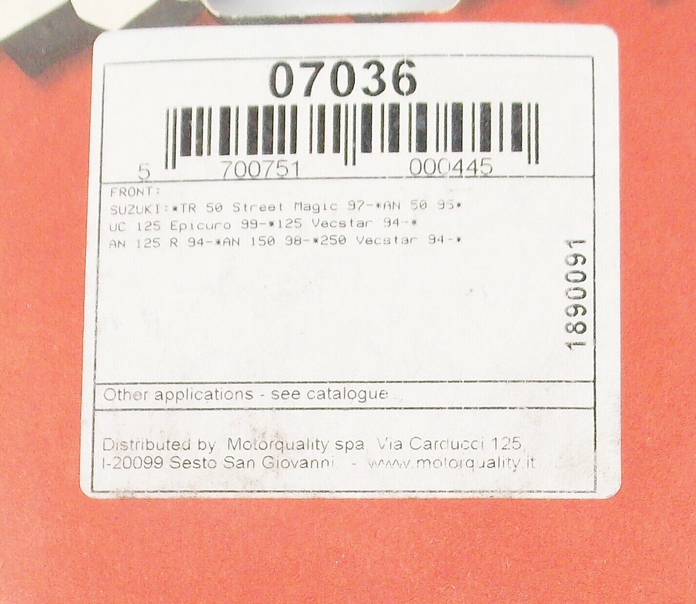 NOS BREMBO 1997 TR50 1995 AN50 AN125 VECSTAR BRAKE PADS FRONT WHEEL 07036 - MotoRaider