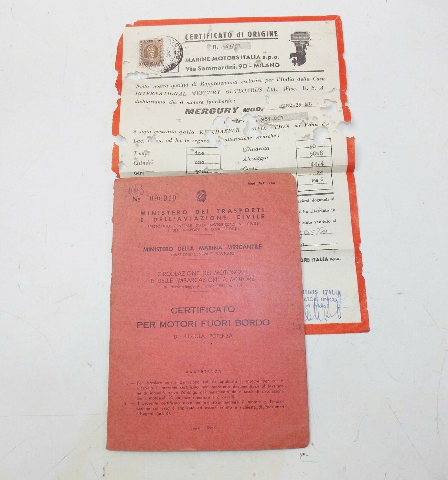 1966 MERCURY 39ML BOAT MOTOR 4hp 90cc REGISTRATION BOOK+CERTIFICATE OF ORIGIN - MotoRaider