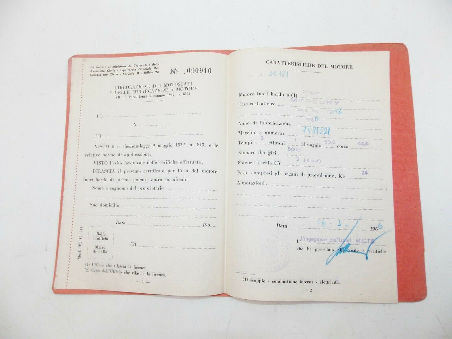 1966 MERCURY 39ML BOAT MOTOR 4hp 90cc REGISTRATION BOOK+CERTIFICATE OF ORIGIN - MotoRaider