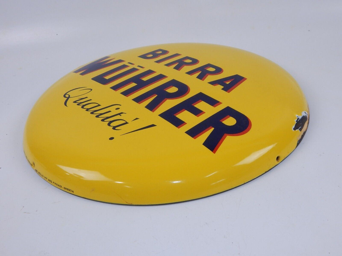 1950's ORIGINAL "BIRRA WHURER QUALITA" BEER BUTTON SIGN ENAMEL PORCELAIN D=17.5" - MotoRaider