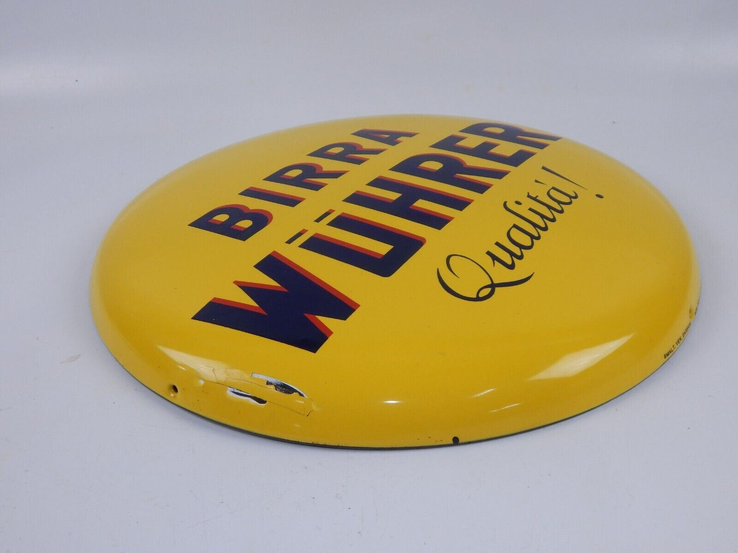 1950's ORIGINAL "BIRRA WHURER QUALITA" BEER BUTTON SIGN ENAMEL PORCELAIN D=17.5" - MotoRaider
