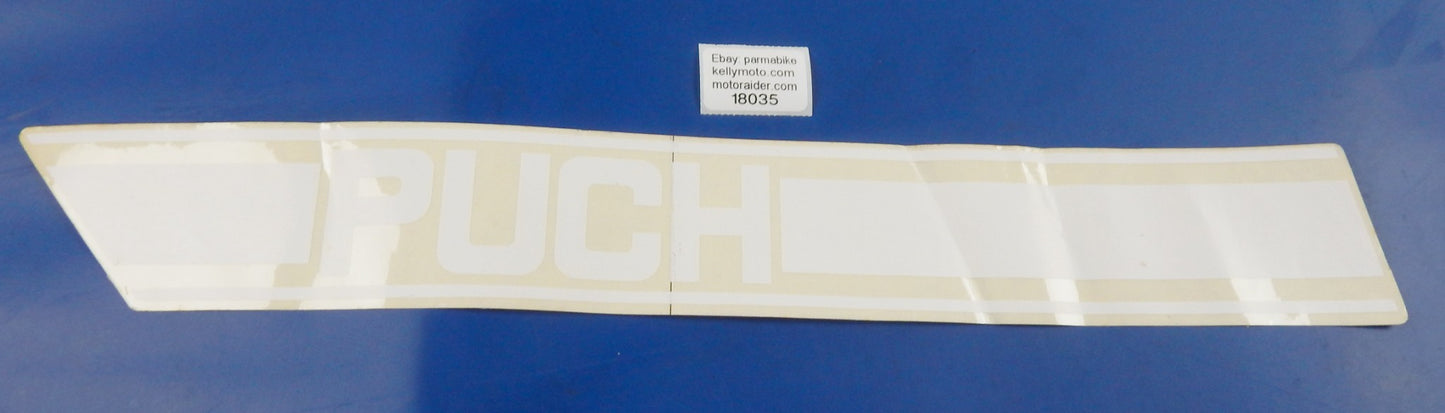 PUCH LH GAS TANK WHITE CLEAR STICKER DECAL EMBLEM 18x3" VINTAGE MOTORCYCLE MOPED - MotoRaider