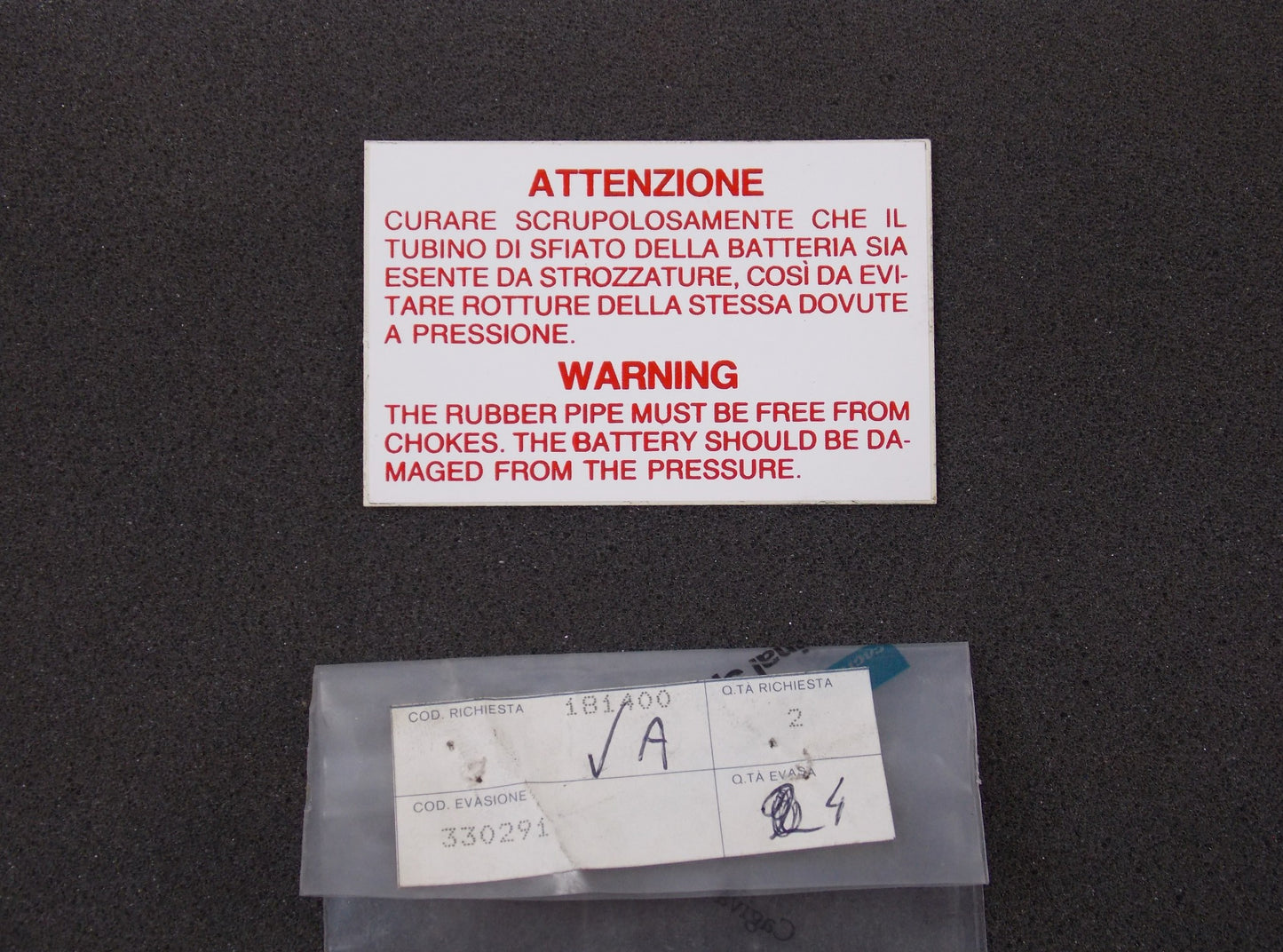 NOS OEM MORINI 1988 EXCALIBUR 350 \ 501 RLX BATTERY INSTALLATION STICKER 330291 - MotoRaider