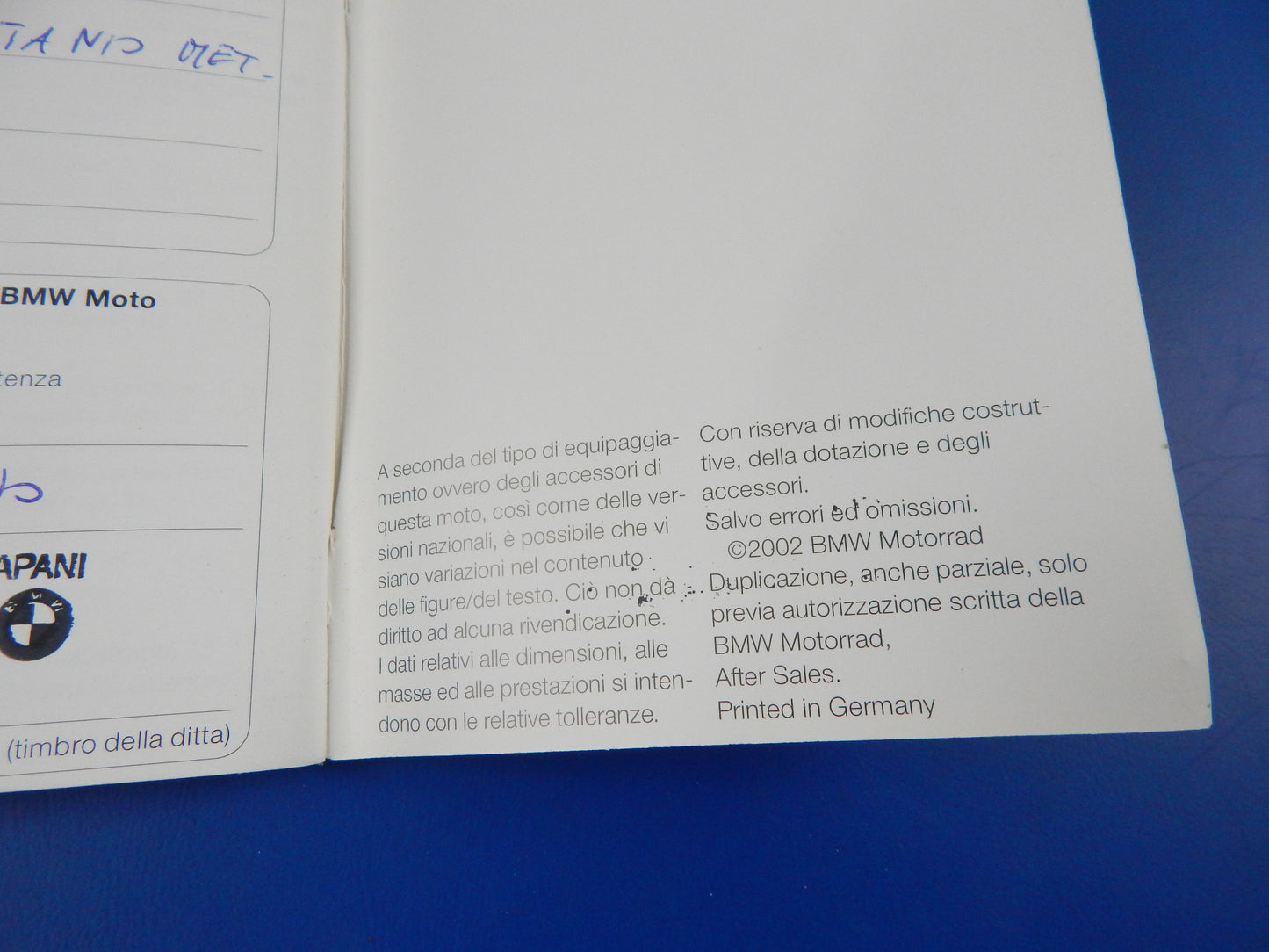 2002 BMW R-850-R R-1150-R OWNER MAINTENANCE MANUAL BOOK LOG ITALIAN VINTAGE - MotoRaider