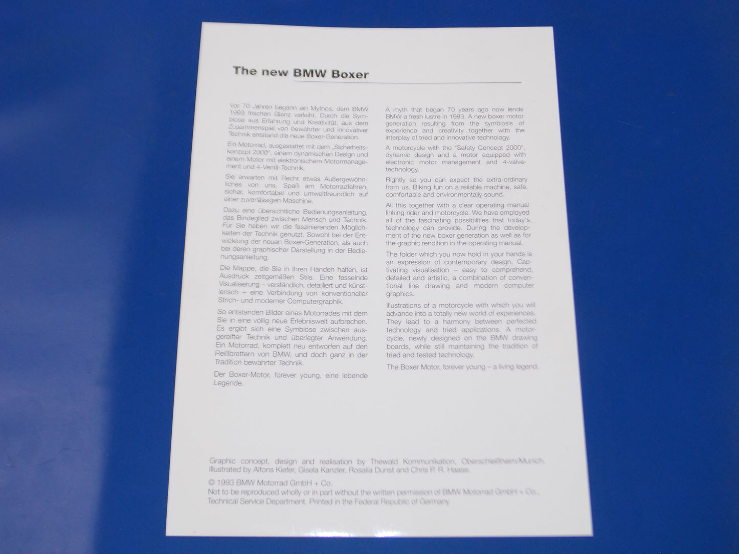 ORIGINAL BMW 1993 R1100RS DEALER SALES BROCHURE TECHNICAL ART GERMAN ENGLISH - MotoRaider