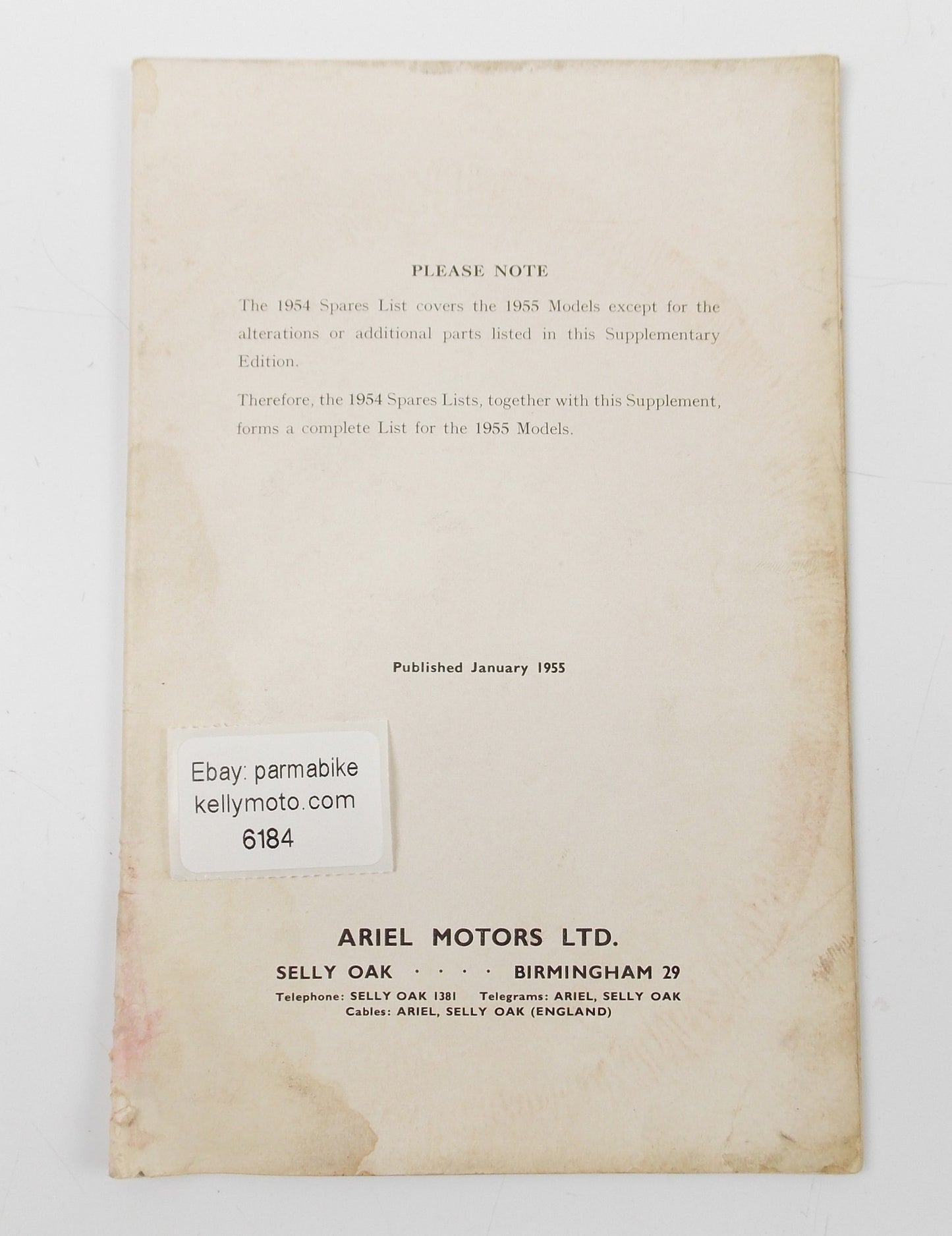 ARIEL 1955 LH 200 COLT | VH 500 HUNTER | KH 500 SUPPLEMENTARY LIST SPARE PARTS - MotoRaider
