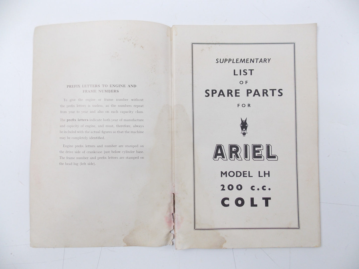 ARIEL 1955 LH 200 COLT | VH 500 HUNTER | KH 500 SUPPLEMENTARY LIST SPARE PARTS - MotoRaider