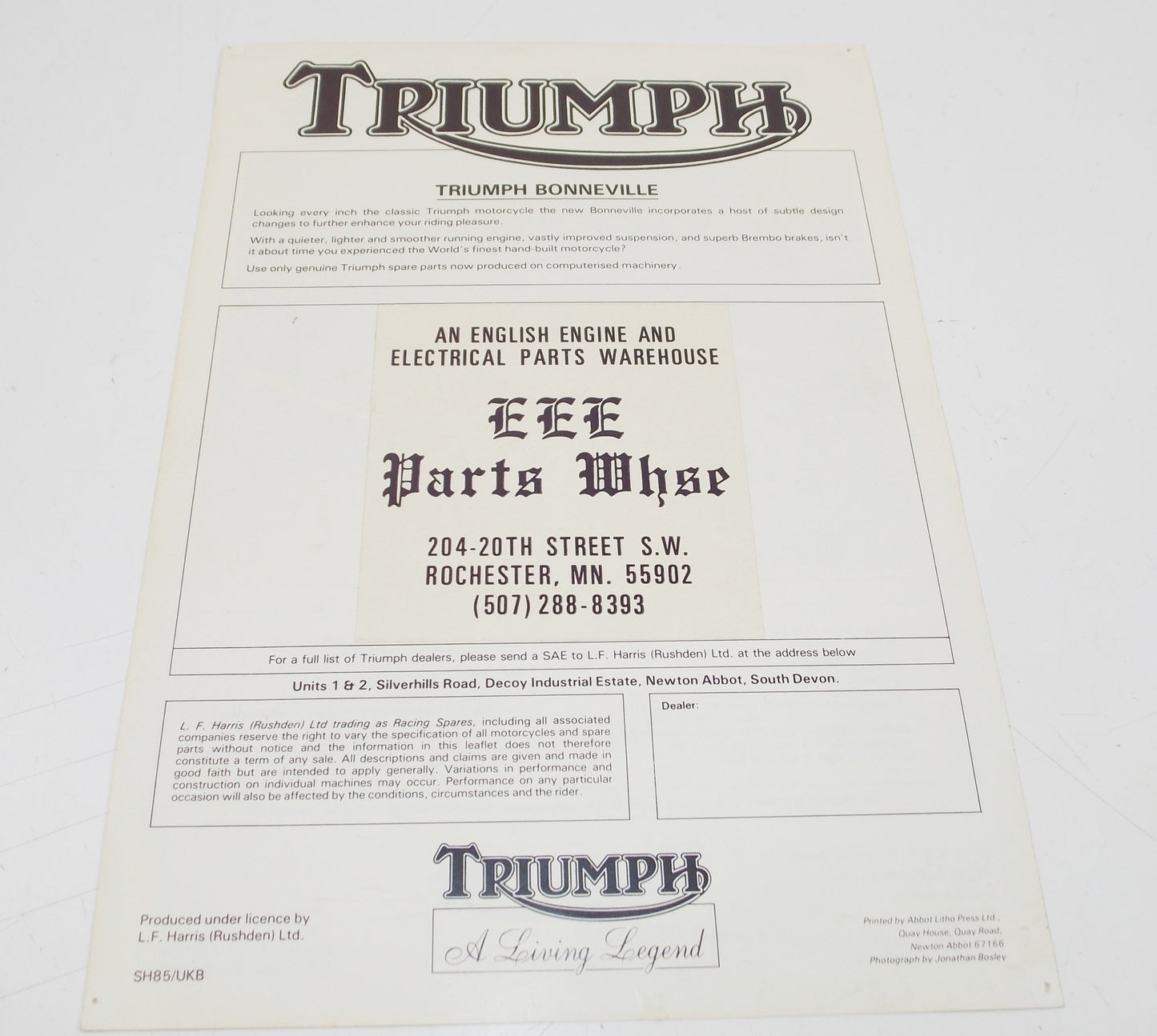 1980's TRIUMPH BONNEVILLE DEALER PAMPHLET BROCHURE ADVERTISEMENT TECHNICAL SPECS - MotoRaider