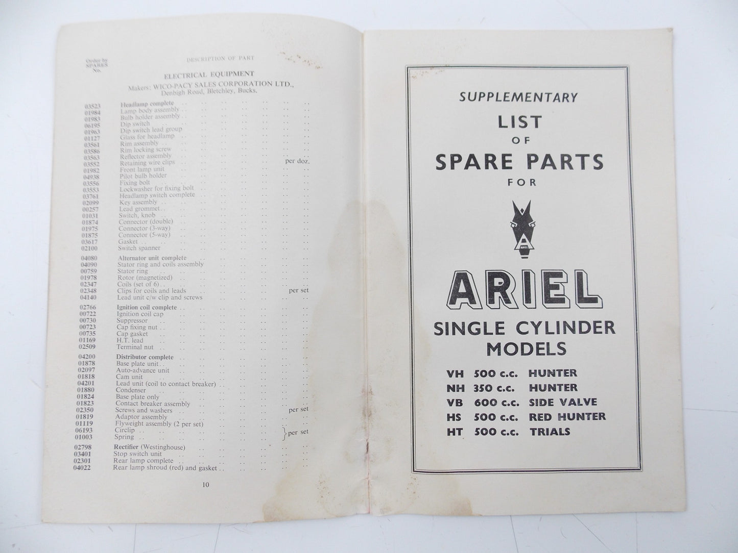 ARIEL 1955 LH 200 COLT | VH 500 HUNTER | KH 500 SUPPLEMENTARY LIST SPARE PARTS - MotoRaider