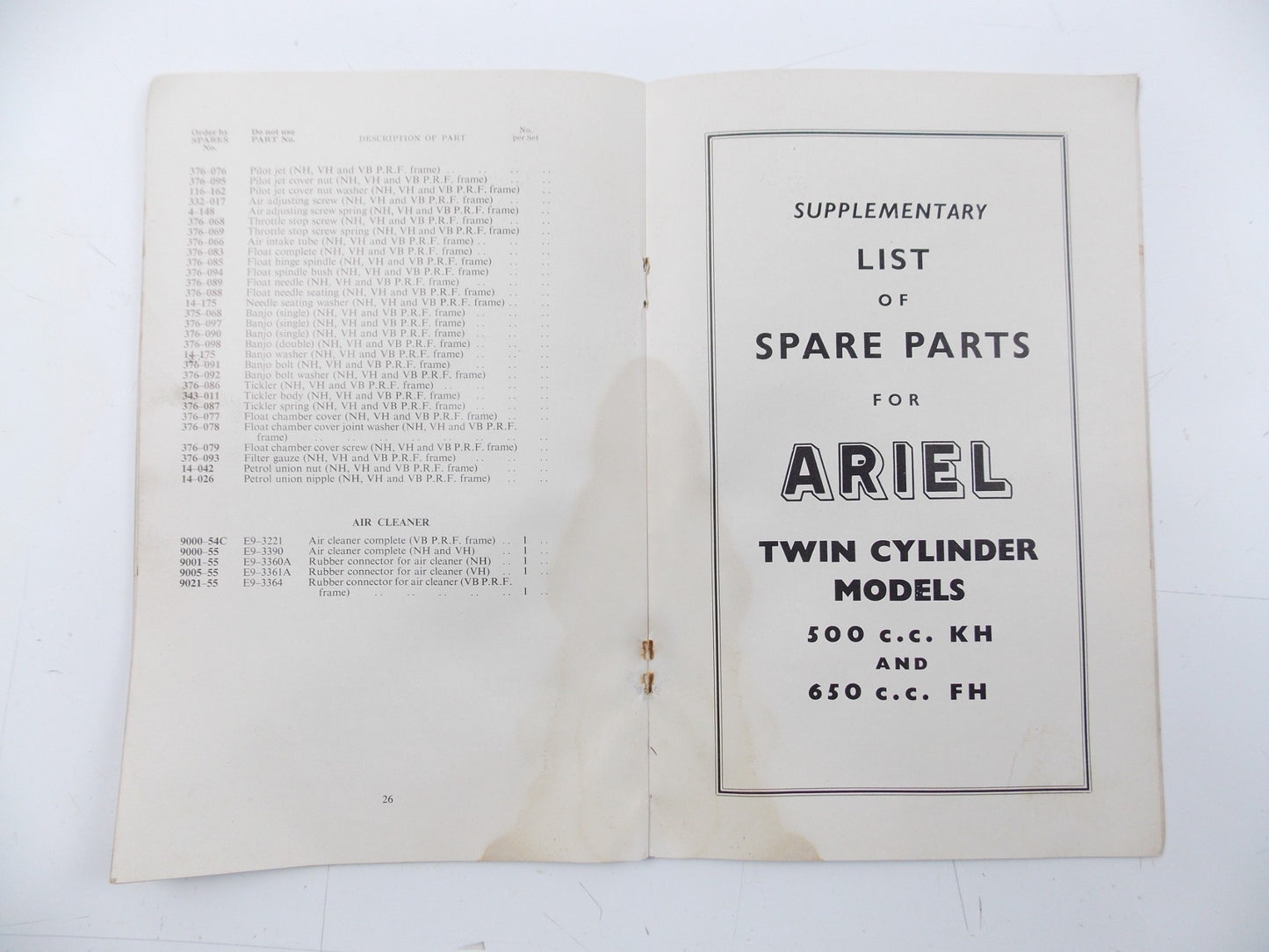 ARIEL 1955 LH 200 COLT | VH 500 HUNTER | KH 500 SUPPLEMENTARY LIST SPARE PARTS - MotoRaider