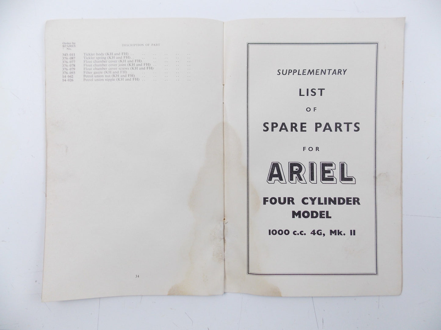 ARIEL 1955 LH 200 COLT | VH 500 HUNTER | KH 500 SUPPLEMENTARY LIST SPARE PARTS - MotoRaider