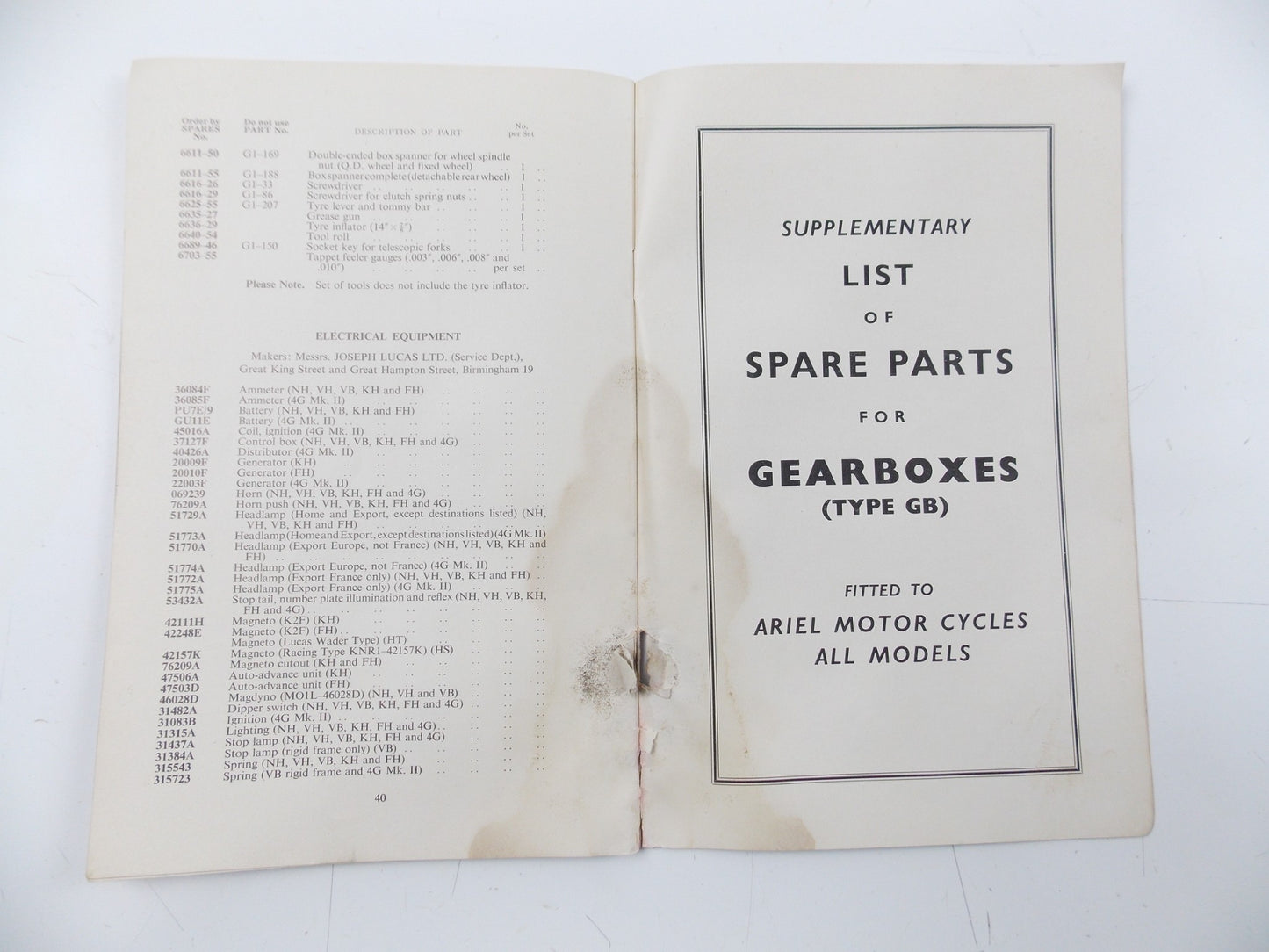 ARIEL 1955 LH 200 COLT | VH 500 HUNTER | KH 500 SUPPLEMENTARY LIST SPARE PARTS - MotoRaider