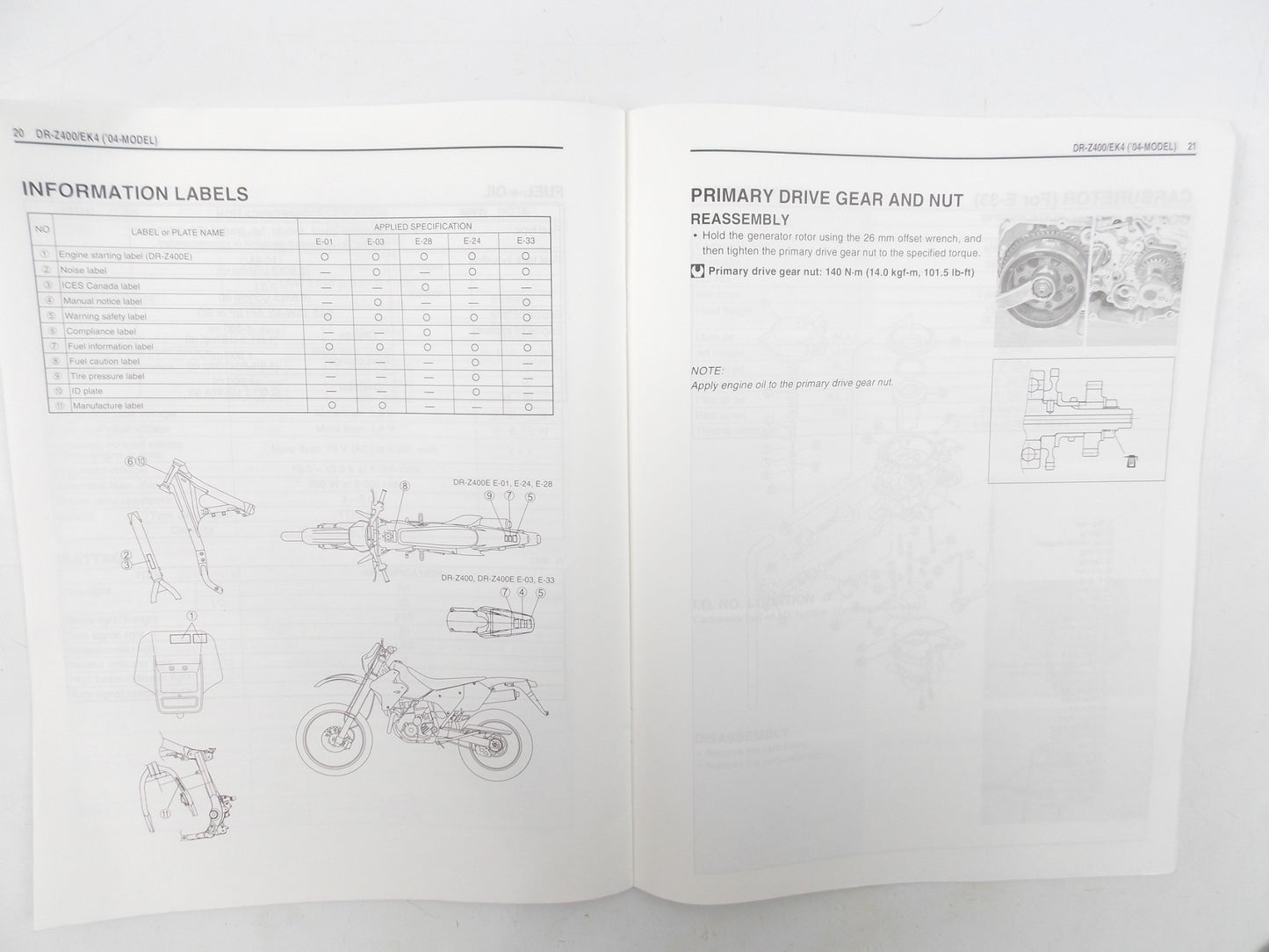 SUZUKI SUPPLEMENT SERVICE MANUAL BOOK CATALOG DR-Z400/E ENGLISH 99501-43100-01E - MotoRaider
