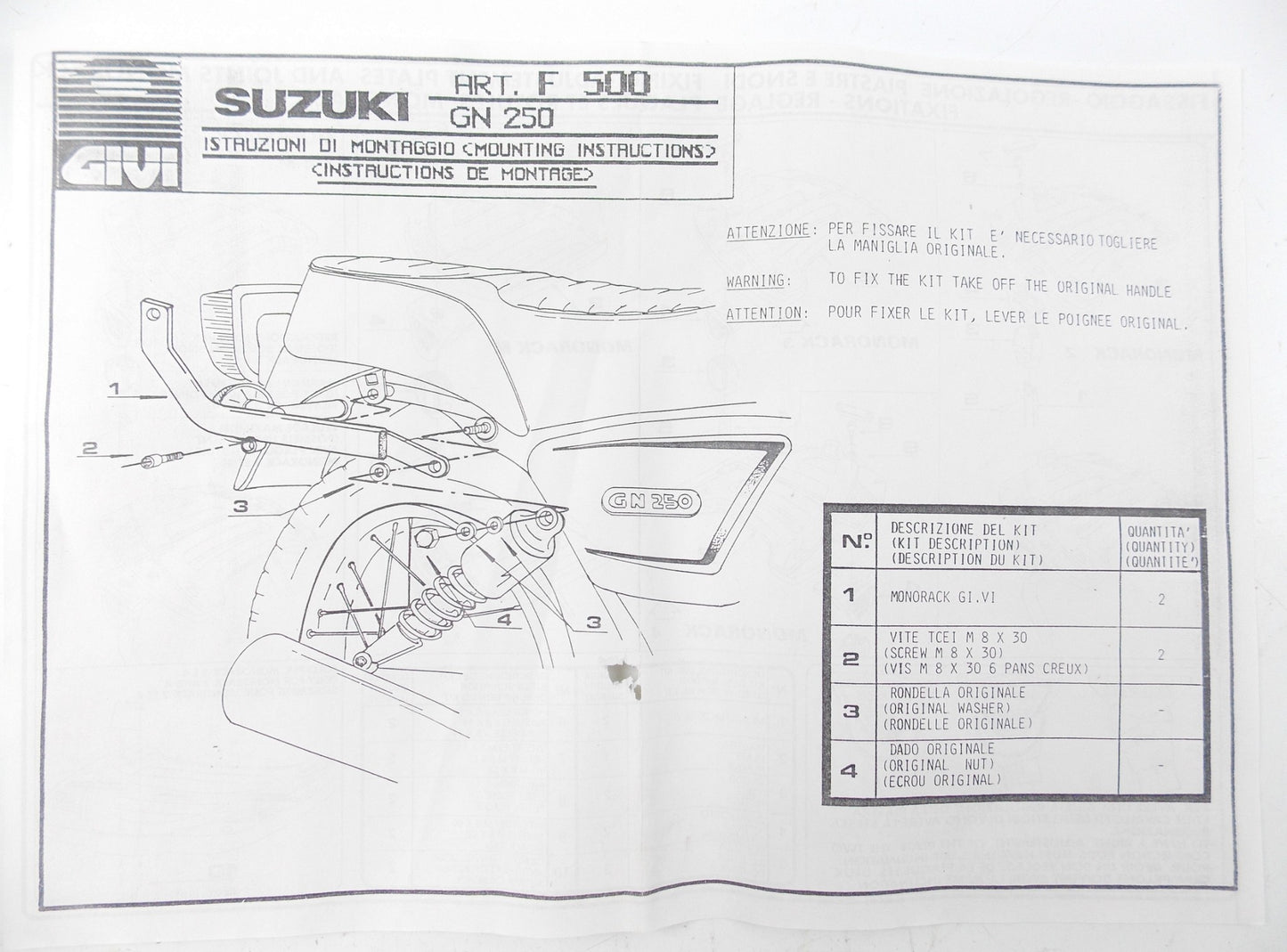 NOS GIVI SUZUKI 1992 GN 250 LUGGAGE PLATE MOUNTING RACK KIT ART # 500F - MotoRaider