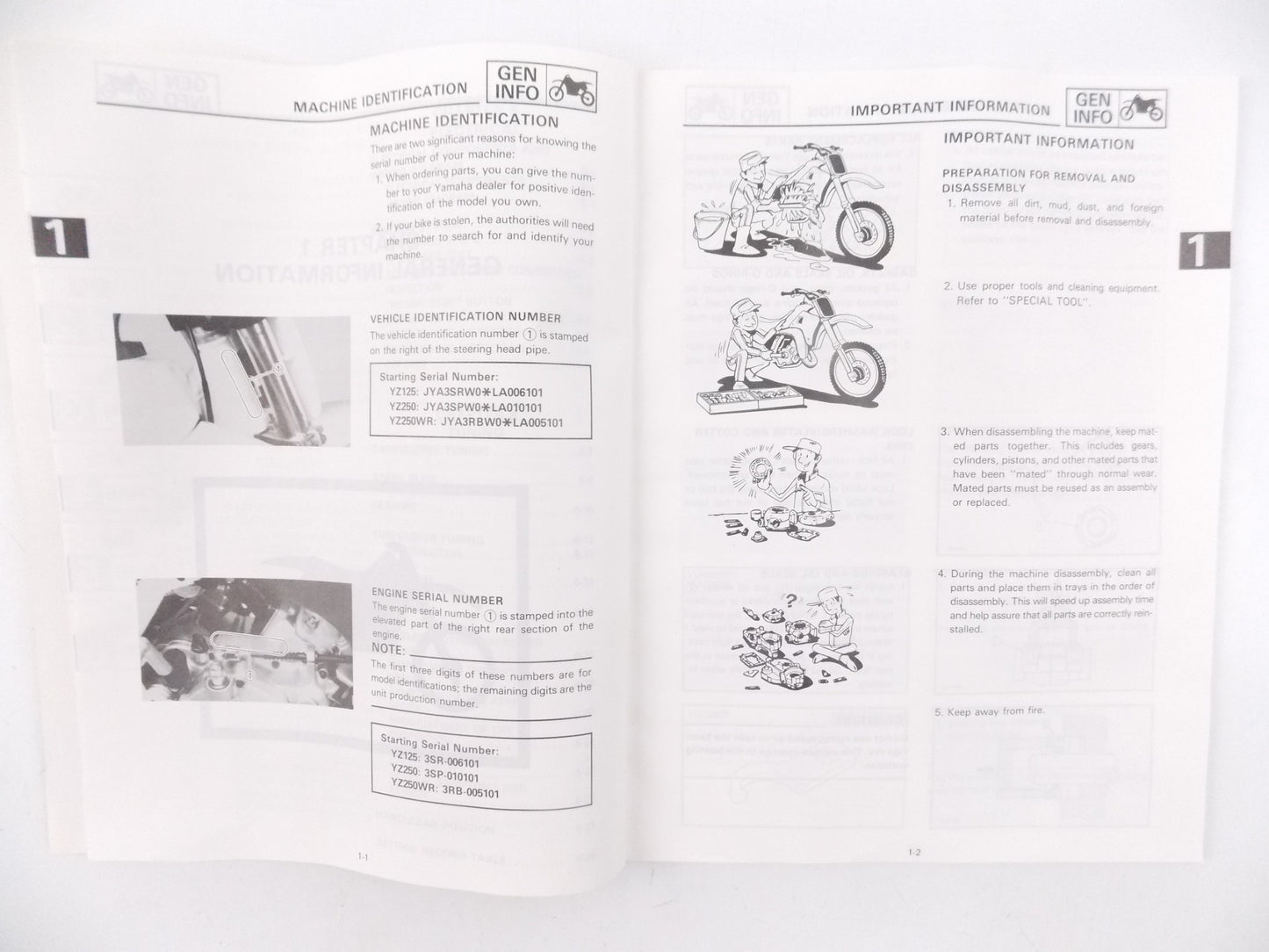 1989 YAMAHA OWNER SERVICE MANUAL BOOK CATALOG YZ125A/250A/250WRA 3SR-28199-15 - MotoRaider