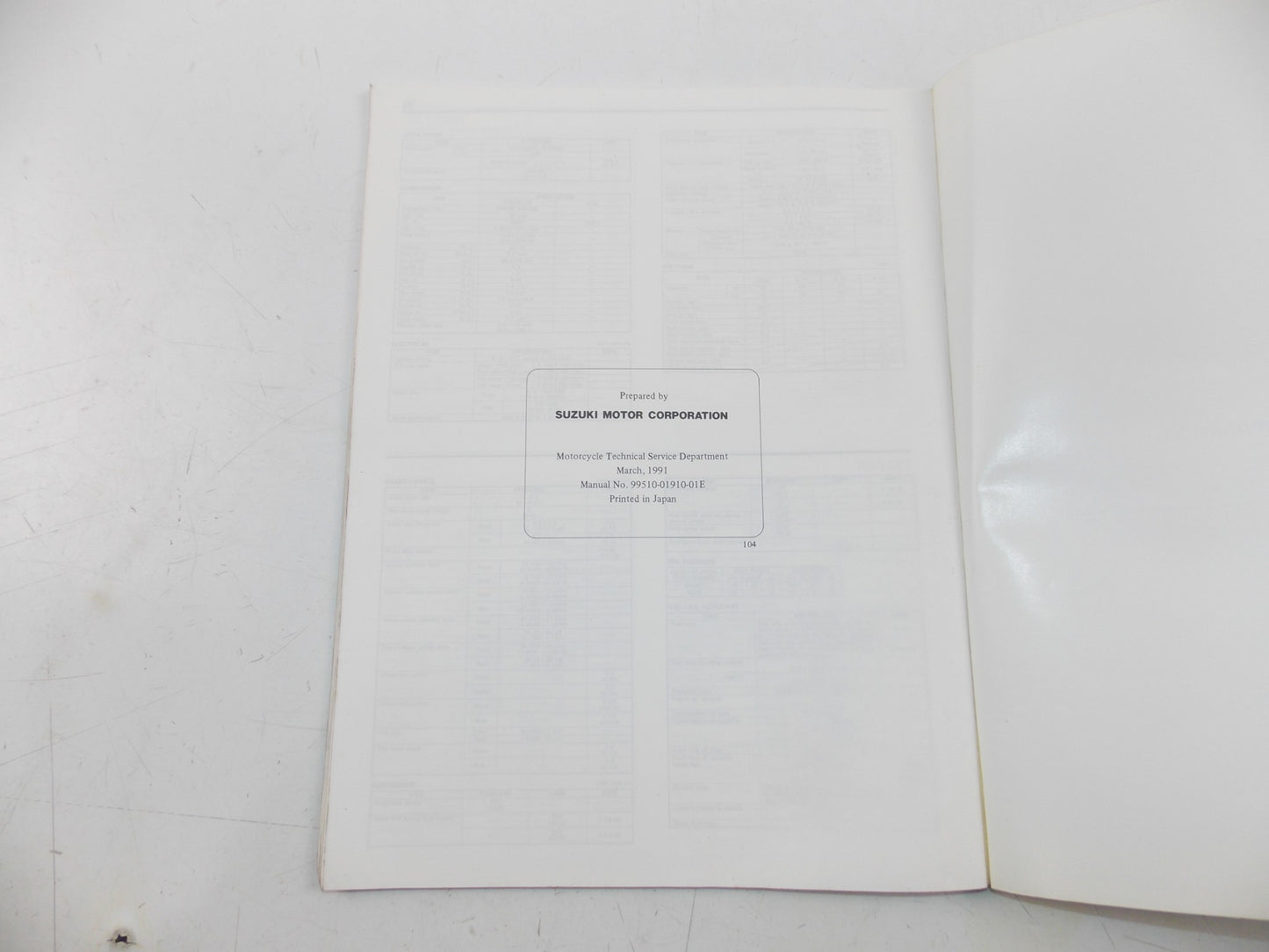 03/1991 SERVICE DATA MANUAL BOOK SUZUKI 4 & 2 STROKE MOTORCYCLES 99510-01910-01E - MotoRaider