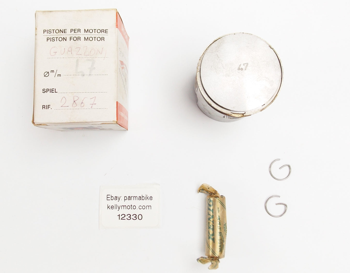 NOS ASSO WERKE 2867 PISTON + PIN + RINGS + CLIPS SET 47 MM GUAZZONI - MotoRaider