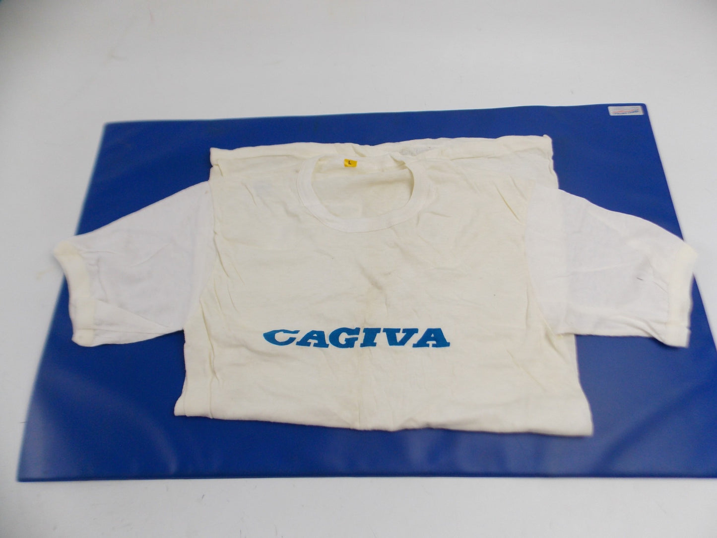 1980's CAGIVA T-SHIRT WHITE WITH BLUE LOGO SIZE L TAMANACO RAPTOR MITO FRECCIA - MotoRaider