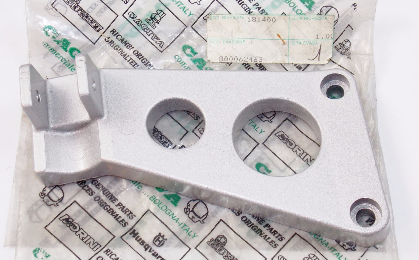 NOS OEM CAGIVA 1980's LH SILVER FOOTREST BRACKET SUPPORT 800062463 - MotoRaider