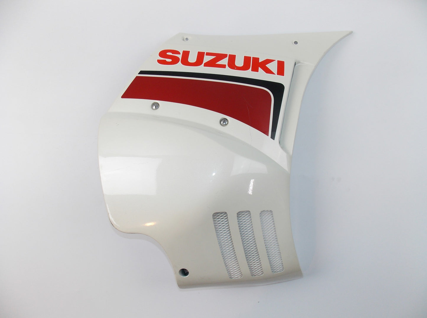 NOS OEM SUZUKI PEARL WHITE PLASTIC RIGHT SIDE HIGHER FAIRING PANEL - MotoRaider