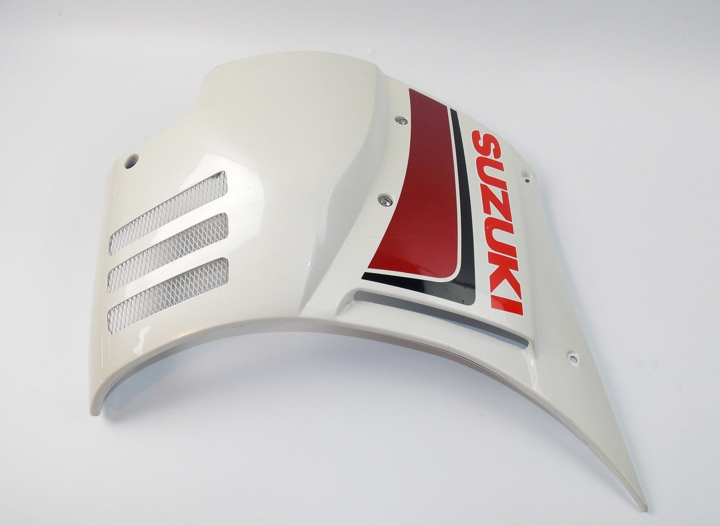 NOS OEM SUZUKI PEARL WHITE PLASTIC RIGHT SIDE HIGHER FAIRING PANEL - MotoRaider
