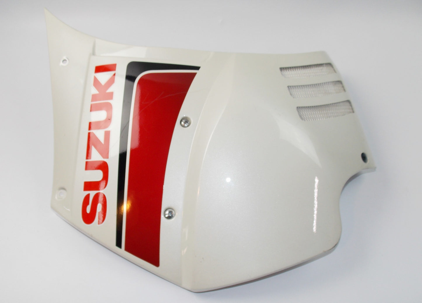NOS OEM SUZUKI PEARL WHITE PLASTIC RIGHT SIDE HIGHER FAIRING PANEL - MotoRaider