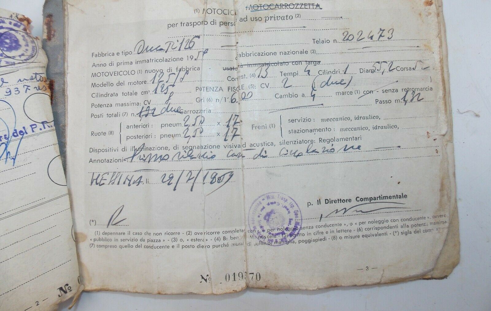1959 DUCATI 125 ITALIAN OWNER CERTIFICATE CARTA CIRCOLAZIONE MOTORCYCLE DOCUMENT - MotoRaider