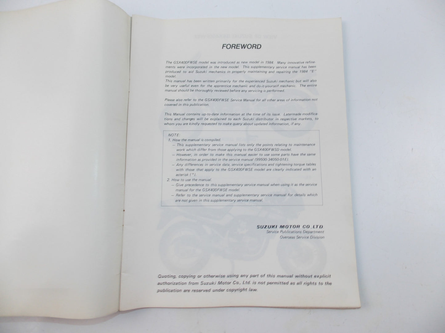07/1984 SUPPLEMENTARY SERVICE MANUAL CATALOG BOOK SUZUKI GSX400 FWSE ENGLISH - MotoRaider