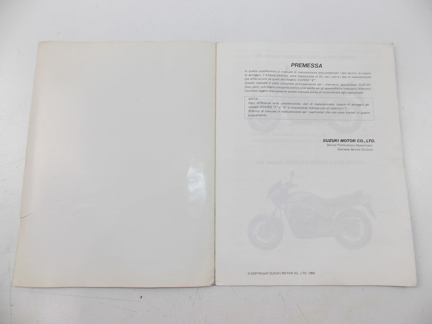 11/1985 SUPPLEMENT SERVICE MANUAL CATALOG BOOK SUZUKI  GSX550 ITALIAN - MotoRaider