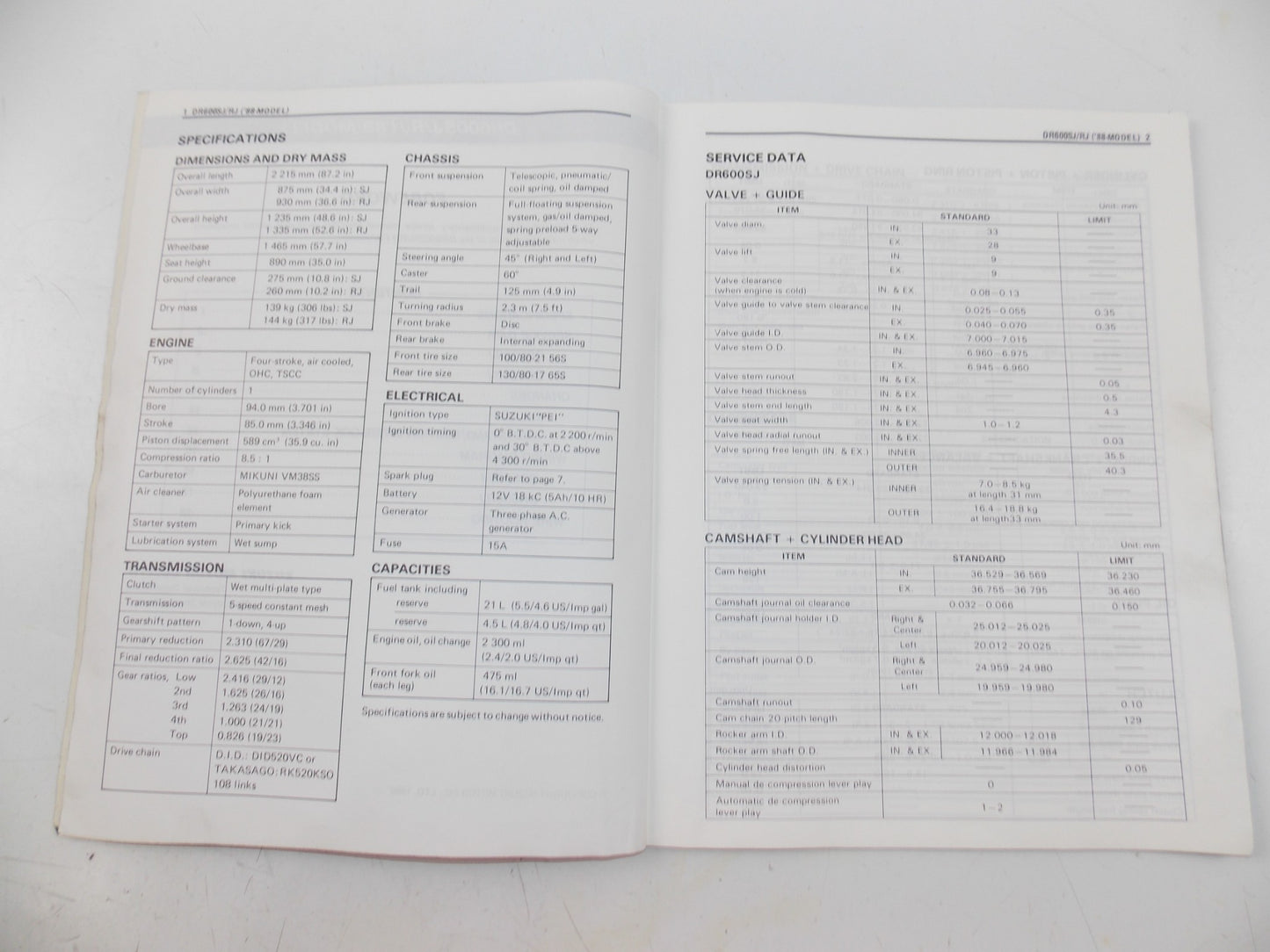 03/1988 SUPPLEMENT SERVICE MANUAL BOOK SUZUKI DR600S/R ENGLISH 99501-45080-01E - MotoRaider