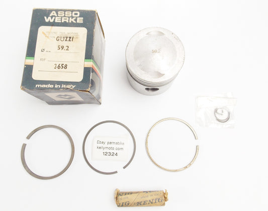 NOS ASSO WERKE 3658 PISTON + PIN +RINGS + CLIPS SET CPL 59.2 MM MOTO GUZZI - MotoRaider
