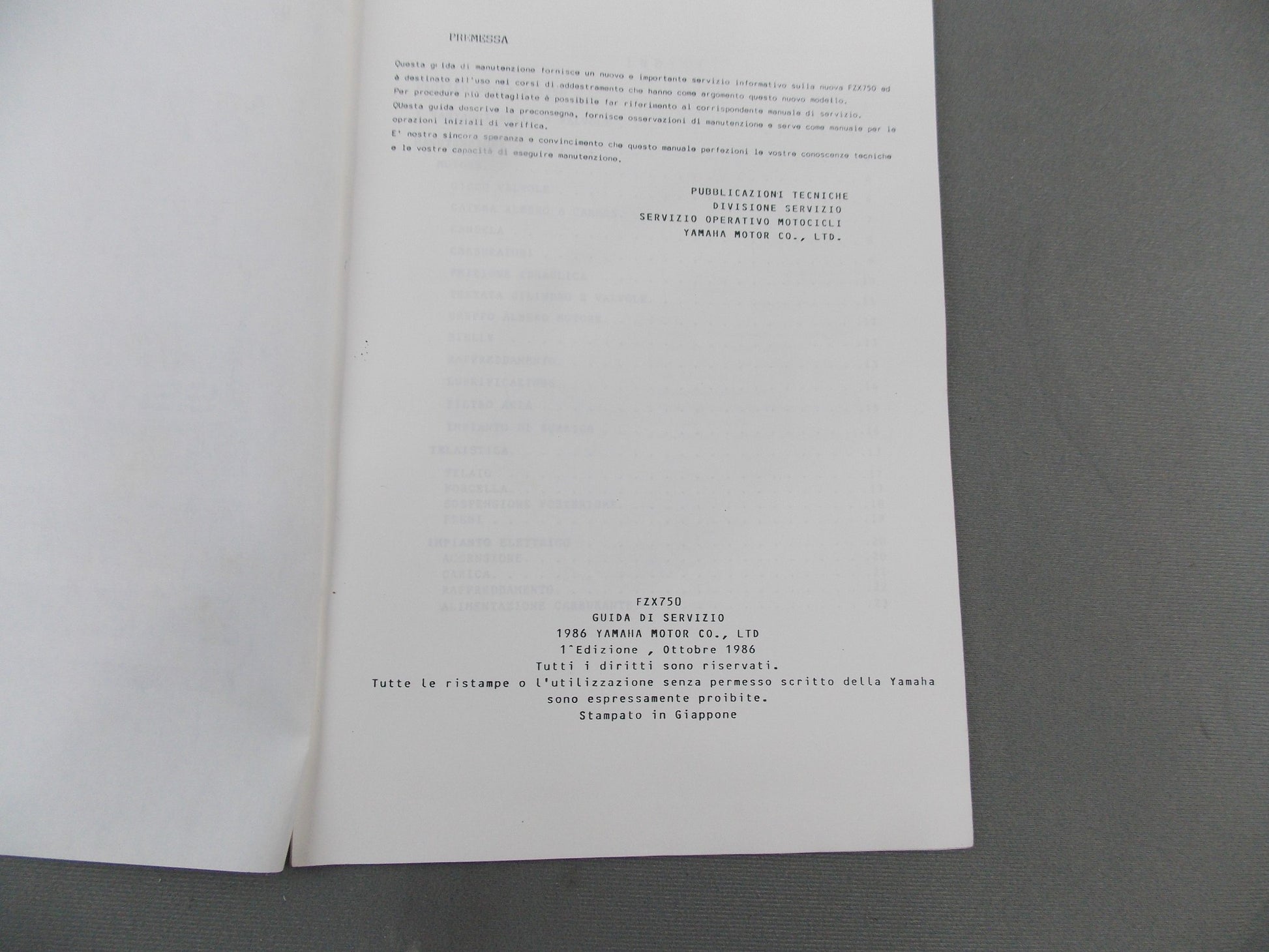 YAMAHA 1987 FZX750 SERVICE GUIDE MANUAL BOOK IN ITALIAN # 90894-86300 - MotoRaider