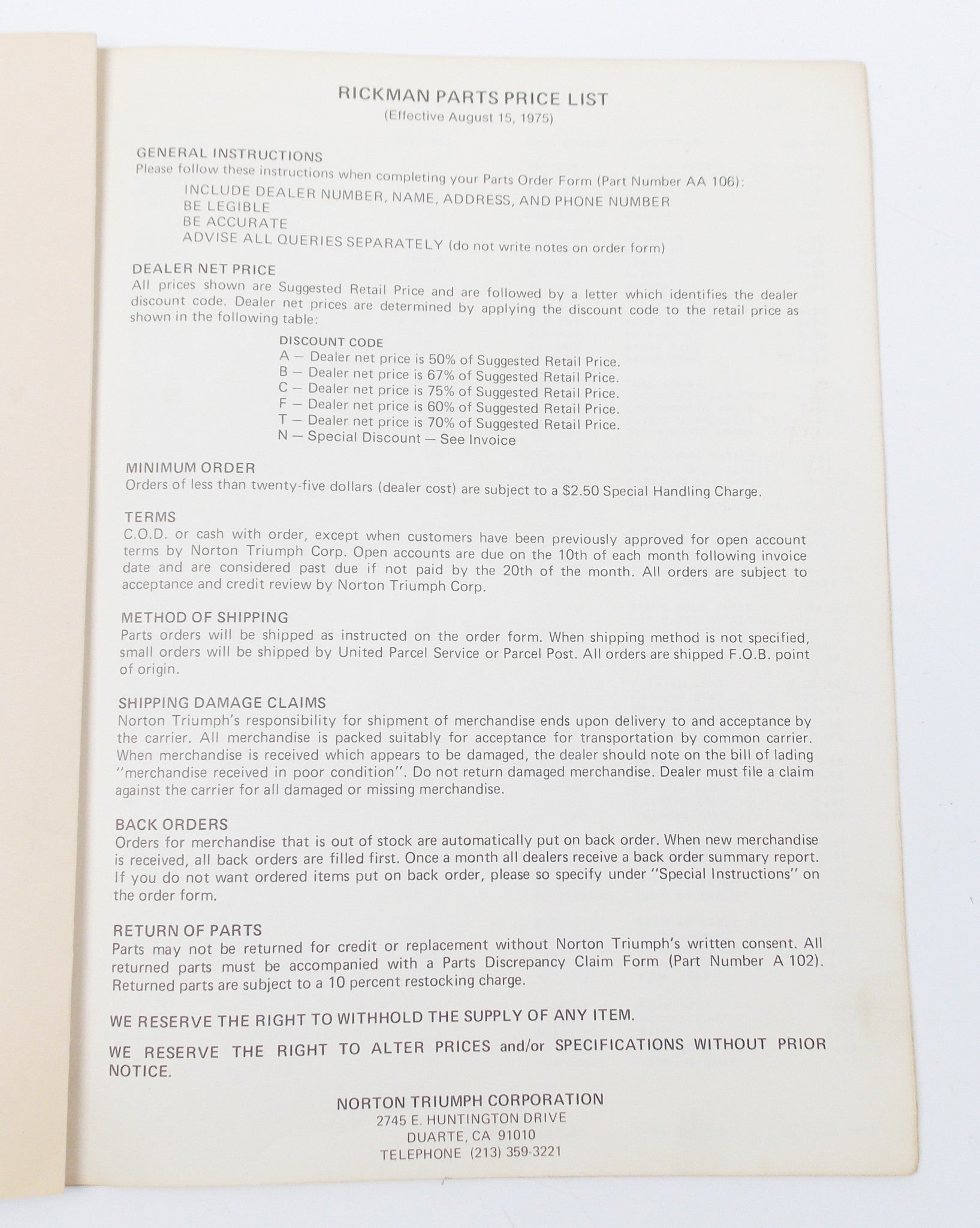 1975 RICKMAN NORTON-TRIUMPH-CO. SUGGESTED RETAIL PRICE PARTS LIST AA110/75 - MotoRaider