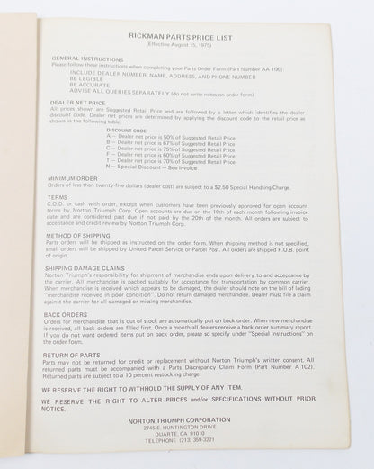1975 RICKMAN NORTON-TRIUMPH-CO. SUGGESTED RETAIL PRICE PARTS LIST AA110/75 - MotoRaider
