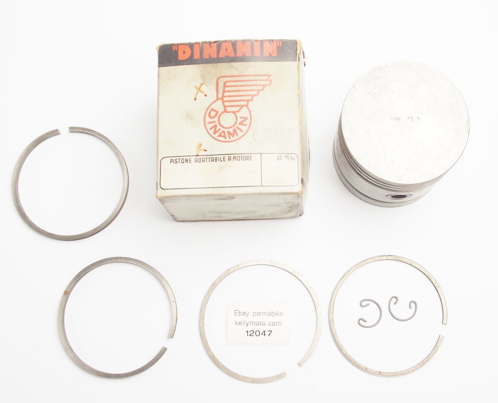 NOS DINAMIN PISTON + RINGS + PIN + CLIPS SSET CPL. D. 75.5 mm HIGHT 70 mm - MotoRaider