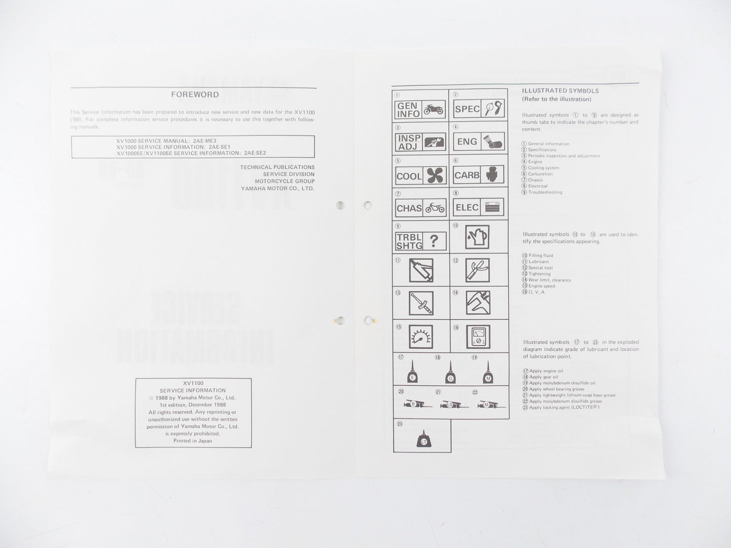 OEM 1986-1989 YAMAHA XV1100 SERVICE INFORMATION BOOKLET 2AE-SE3 - MotoRaider