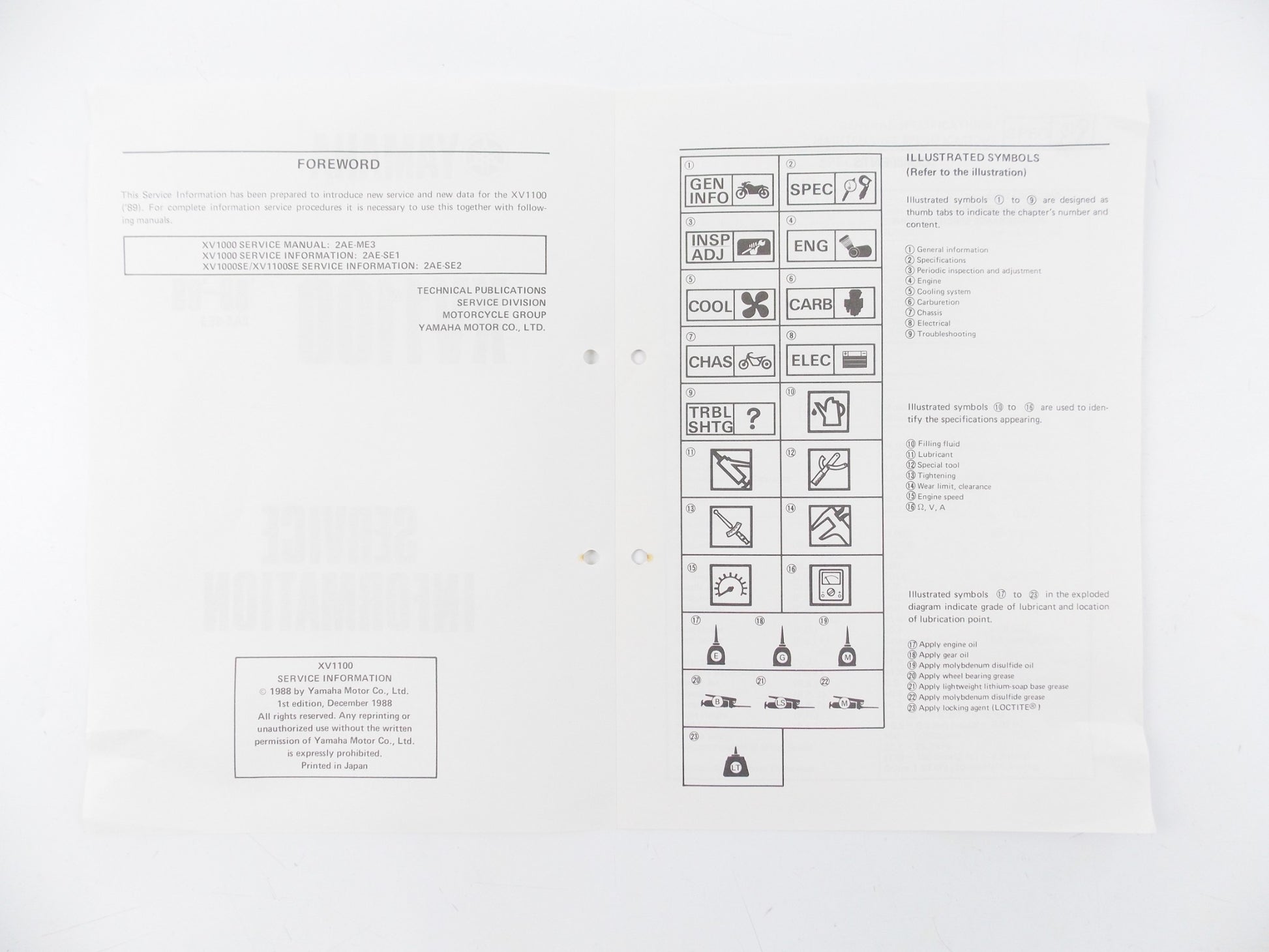 OEM 1986-1989 YAMAHA XV1100 SERVICE INFORMATION BOOKLET 2AE-SE3 - MotoRaider