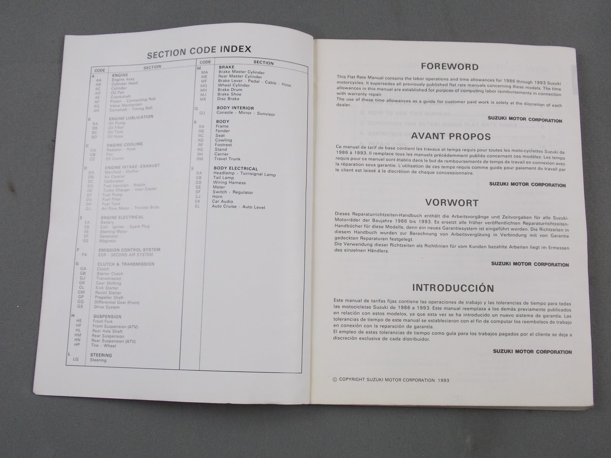 SUZUKI 1993 WARRANTY FLAT RATE MANUAL BOOK ENGLISH FRENCH GERMAN 99550-01930-015 - MotoRaider