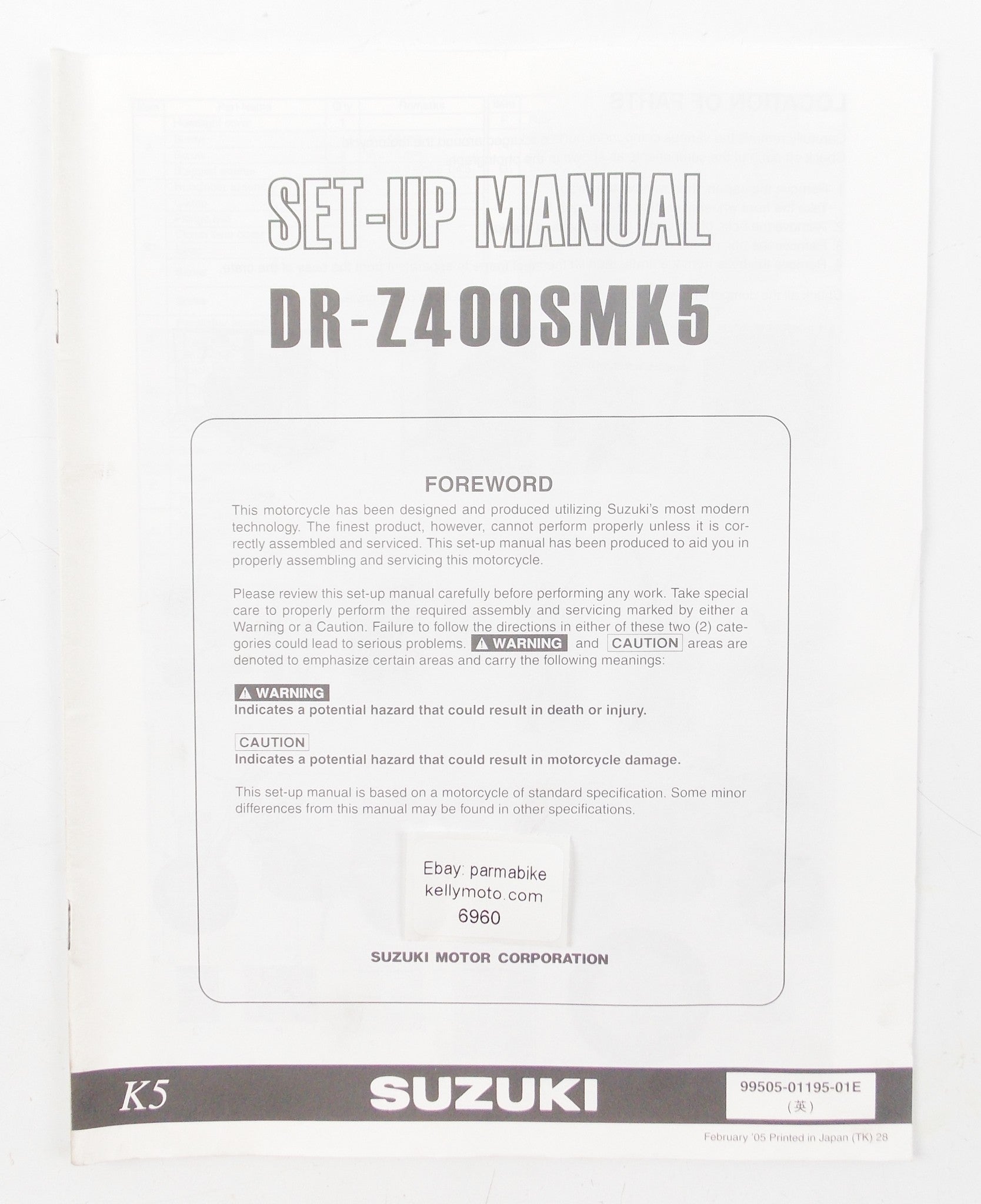 SUZUKI 2005 DR-Z400SMK5 SET-UP MANUAL PAMPHLET BROCHURE ENGLISH 99505-01195-01E - MotoRaider