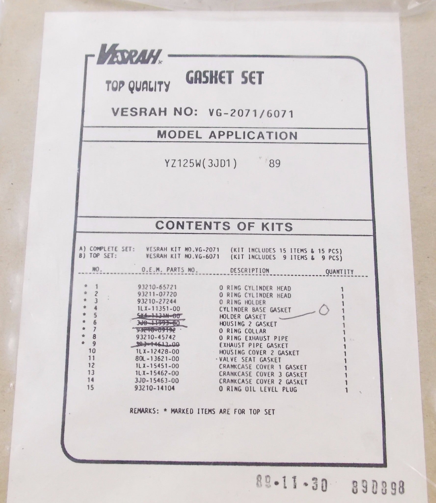 NOS VESRAH TOP END GASKET SEAL KIT YAMAHA 1989 YZ125W (3JD1) VG-2071/6071 - MotoRaider