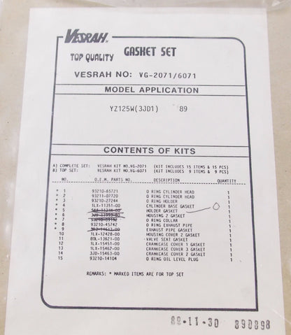 NOS VESRAH TOP END GASKET SEAL KIT YAMAHA 1989 YZ125W (3JD1) VG-2071/6071 - MotoRaider