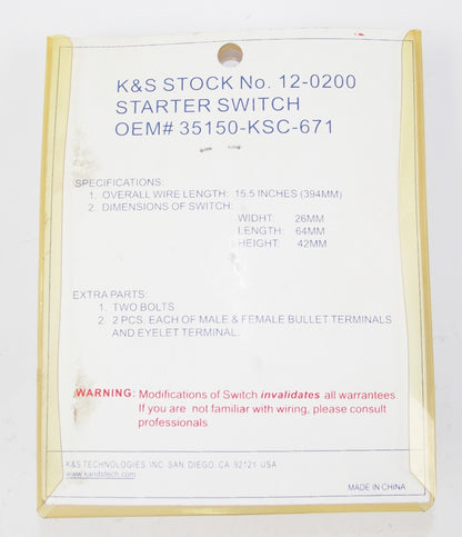 NOS K&S HONDA CRF250X / CRF450X SWITCH STARTER 12-0200 | 12-7737 | 35150-KSC-671 - MotoRaider