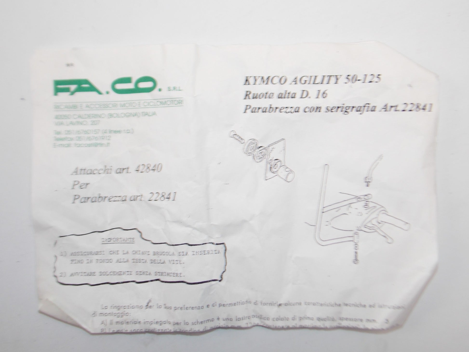 2008-2012 KYMCO AGILITY 50-125 WINDSCREEN MOUNT ATTACHMENT KIT FACO ART. 22841 - MotoRaider