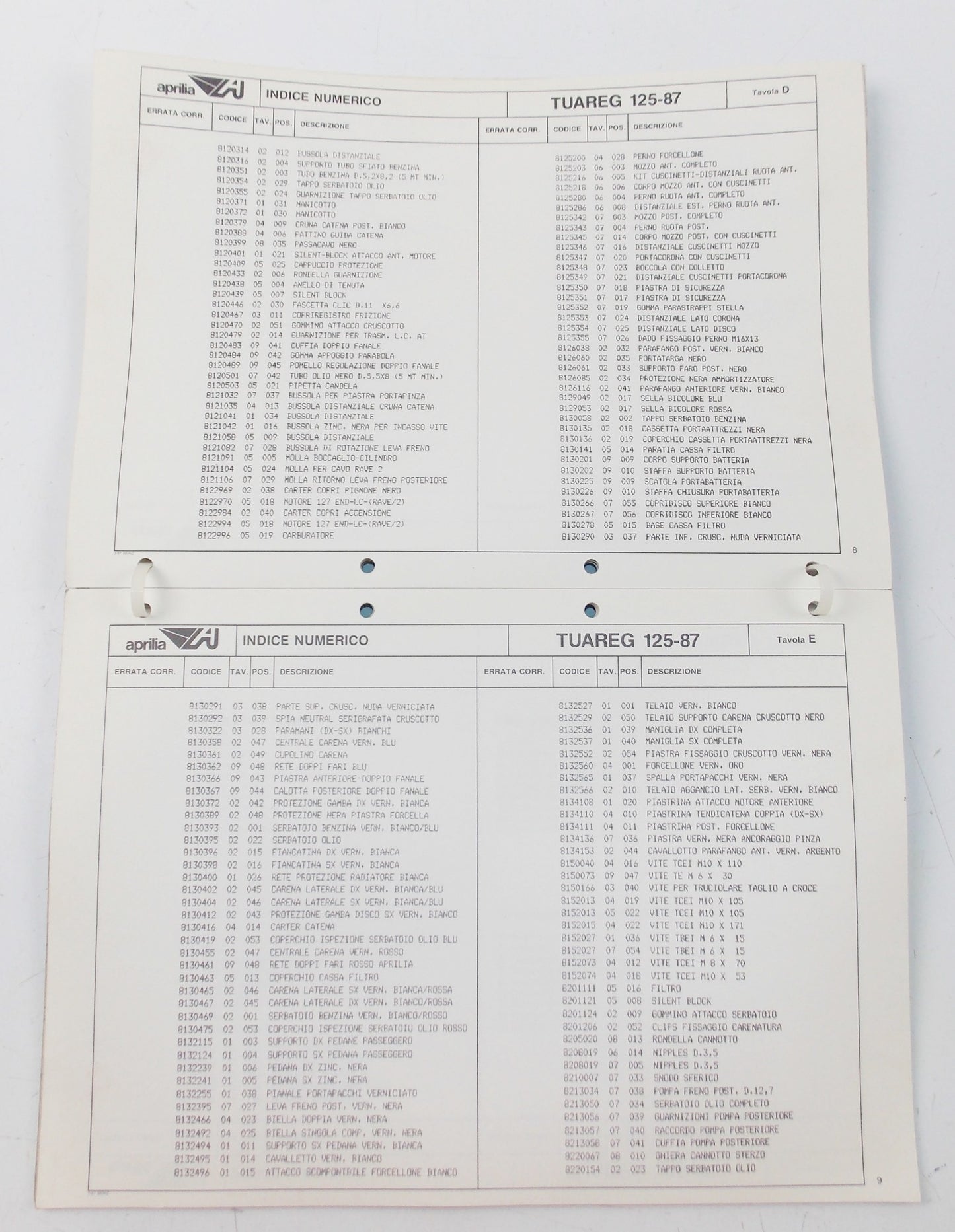 APRILIA 1987 TUAREG 125 SPARE PARTS CATALOG ENGLISH/FRENCH/GERMAN/SPANISH 254 - MotoRaider