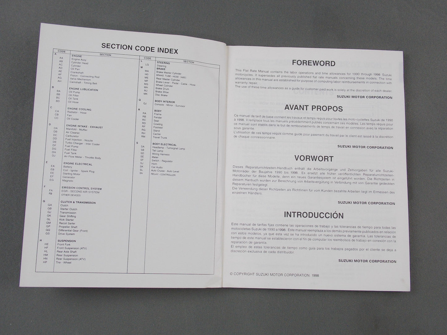 SUZUKI 1998 WARRANTY FLAT RATE MANUAL BOOK ENGLISH GERMAN FRENCH 99550-01980-015 - MotoRaider