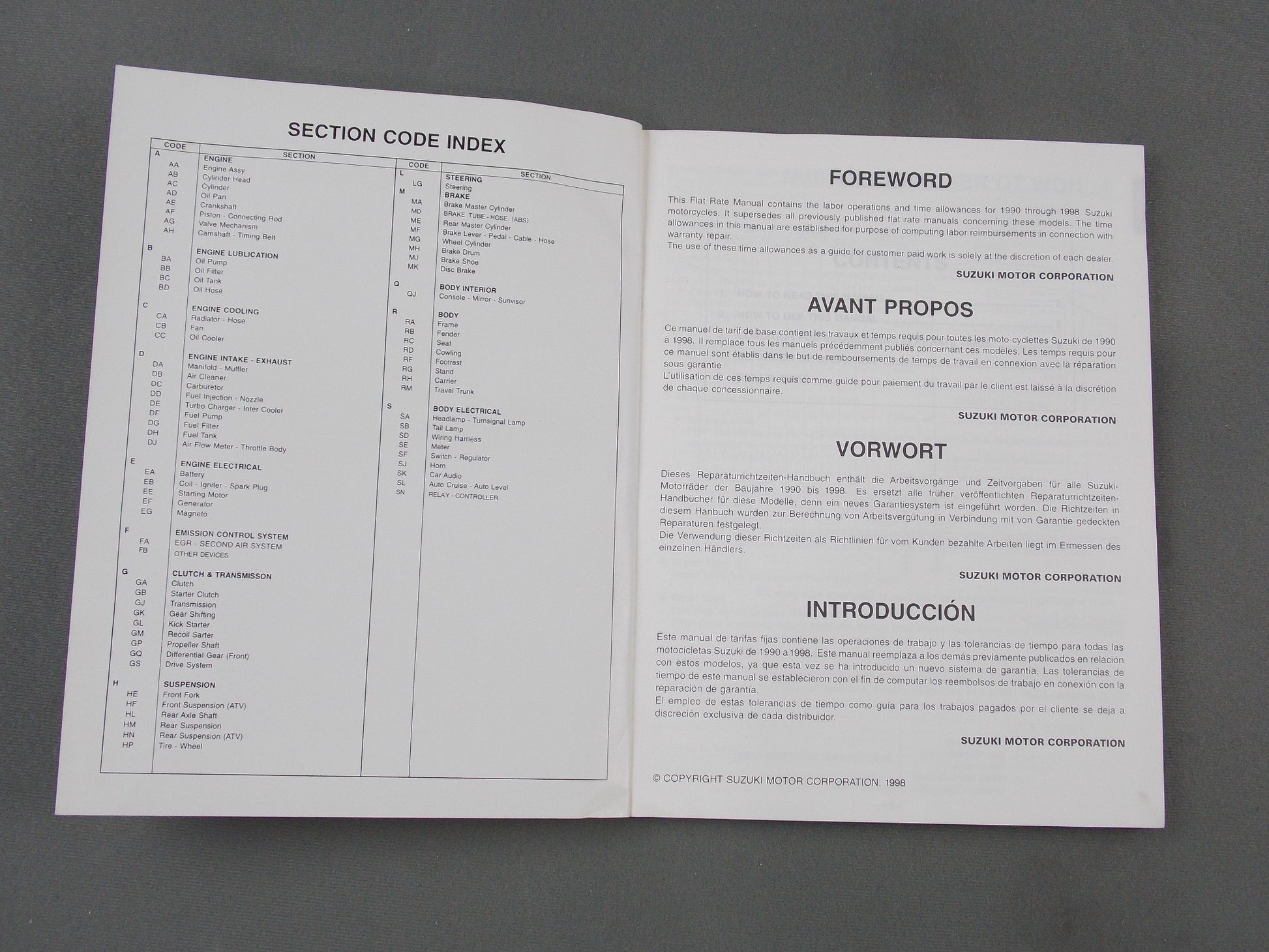 SUZUKI 1998 WARRANTY FLAT RATE MANUAL BOOK ENGLISH GERMAN FRENCH 99550-01980-015 - MotoRaider