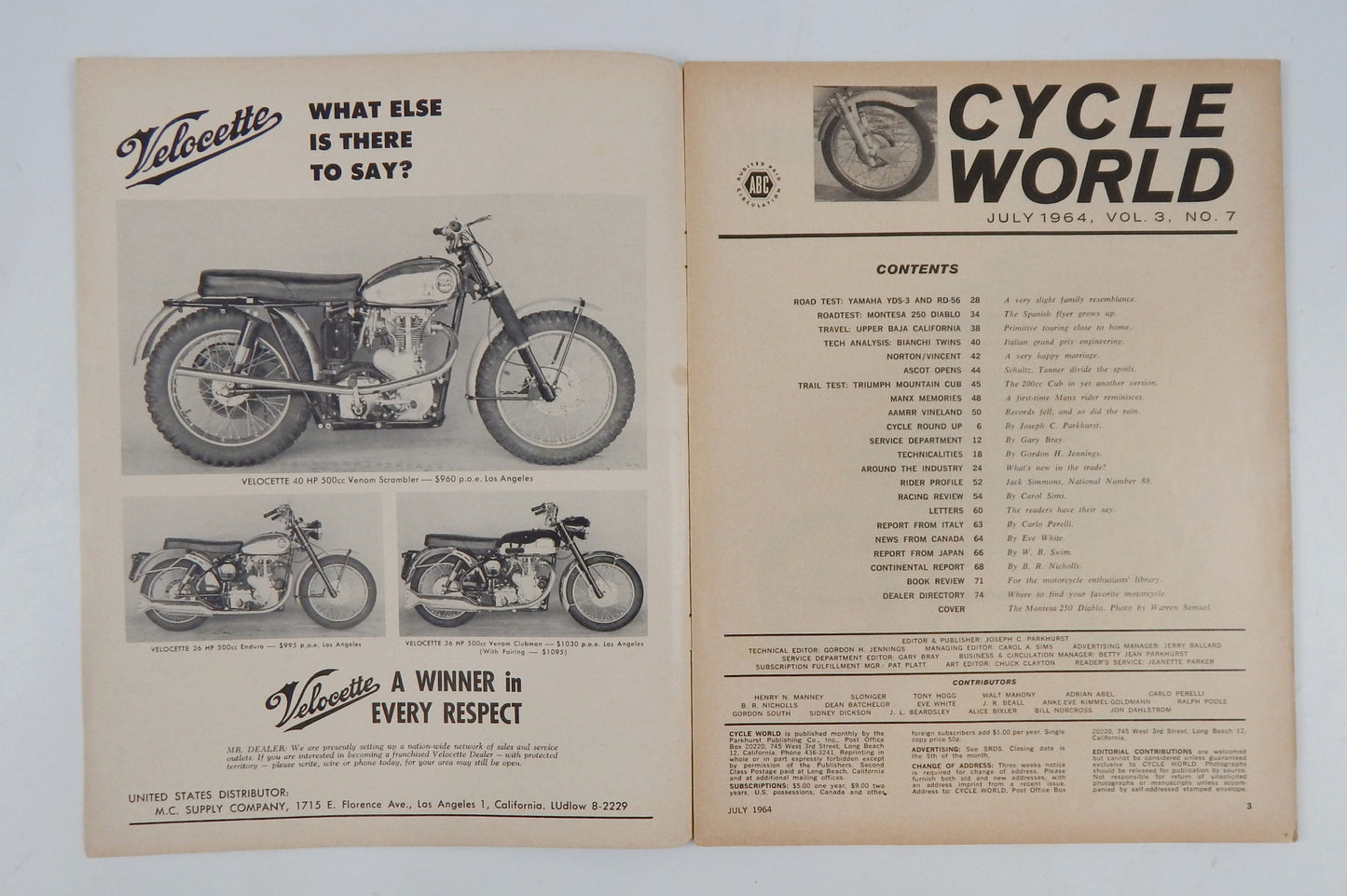 CYCLE WORD MAGAZINE JULY 1964 ROAD TEST YAMAHA YDS-3/RD-56 MONTESA 250 DIABLO - MotoRaider