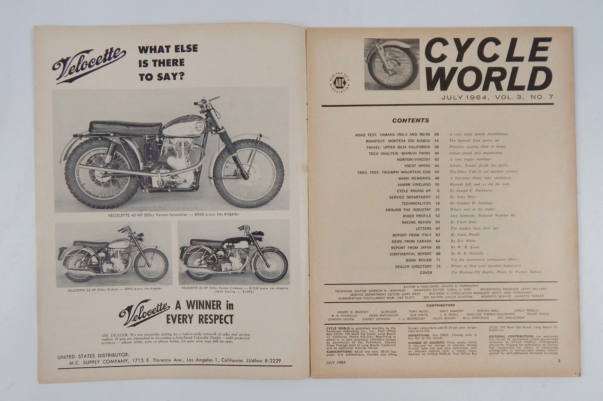 CYCLE WORD MAGAZINE JULY 1964 ROAD TEST YAMAHA YDS-3/RD-56 MONTESA 250 DIABLO - MotoRaider