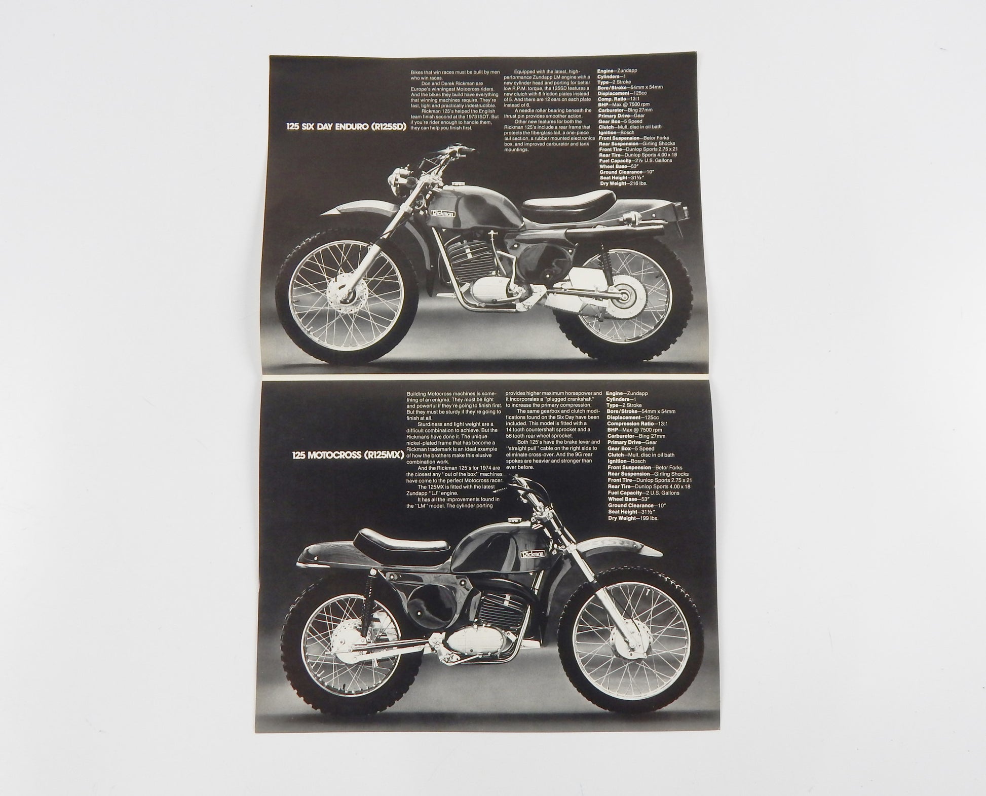 1974 RICKMAN 125 SIX DAYS ENDURO (RS125D) MOTOCROSS (R125MX) DEALER SPEC SHEET - MotoRaider